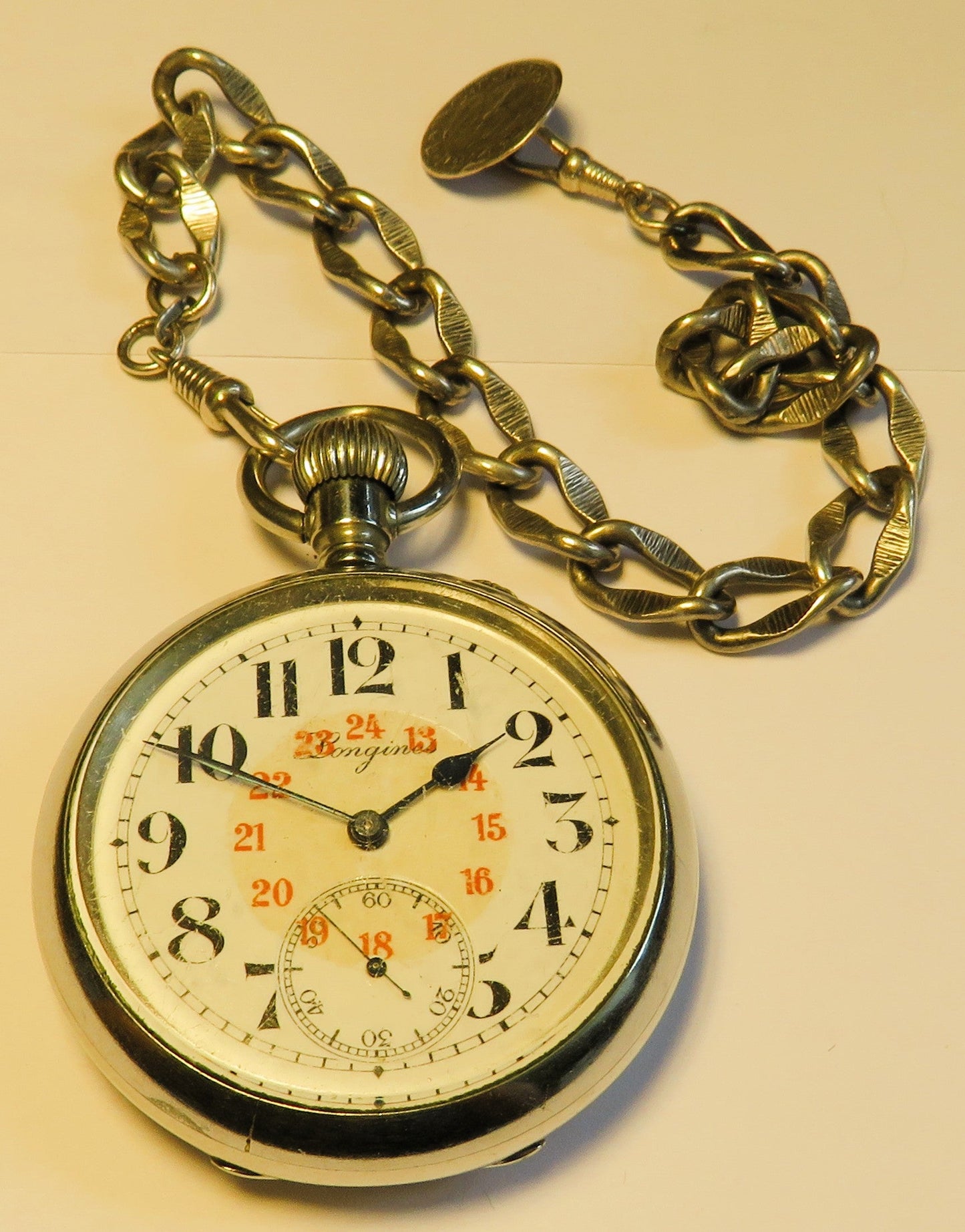 Longines Kal. L 20.52 gravierte Eisenbahner Taschen Uhr Kette / Münze ca. 1920 - Sammler - Uhren