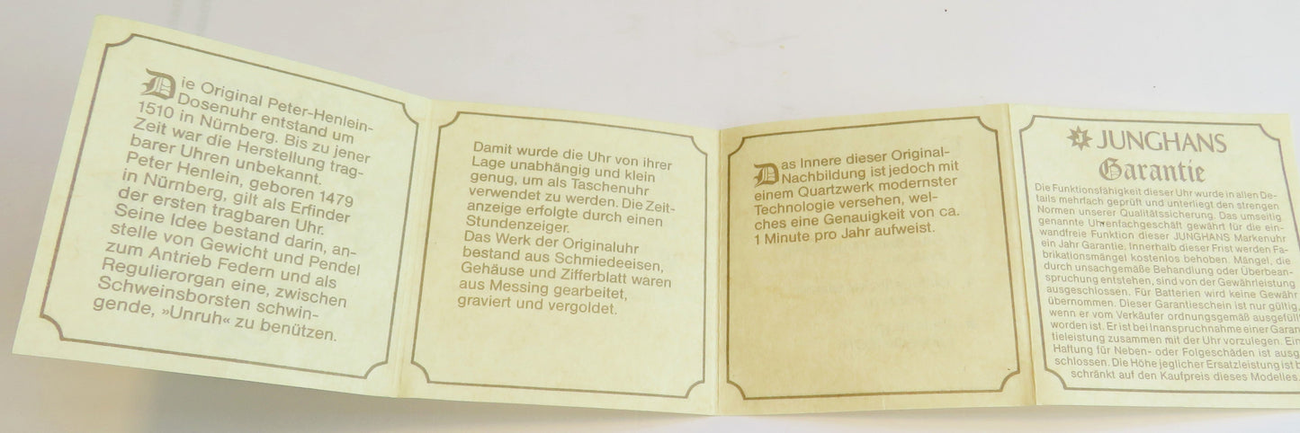 Peter Henlein Nürnberger Ei Junghans 1. Taschenuhr der Welt Quarz Fullset - Sammler - Uhren