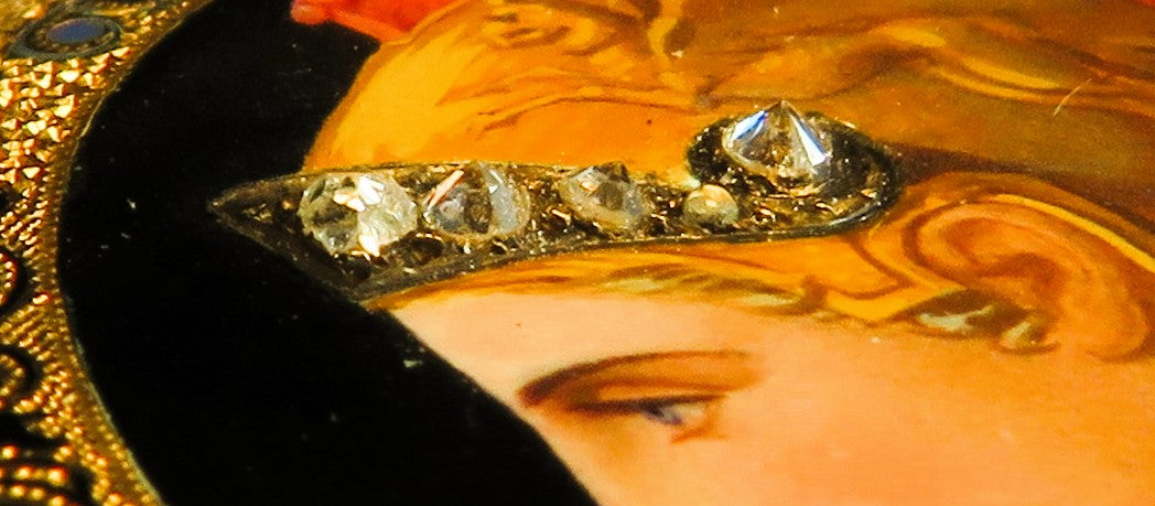 Antike Colondre & Schnee Geneve 18K Gold TU mit Emaile Lupenmalerei Diamant verm. Unikat