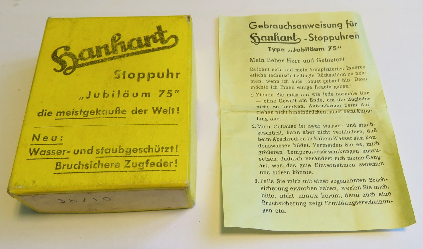 Hanhart Torpedo Running Time Artillery Stopwatch Bund ca. 1960 Fullset Box Papers