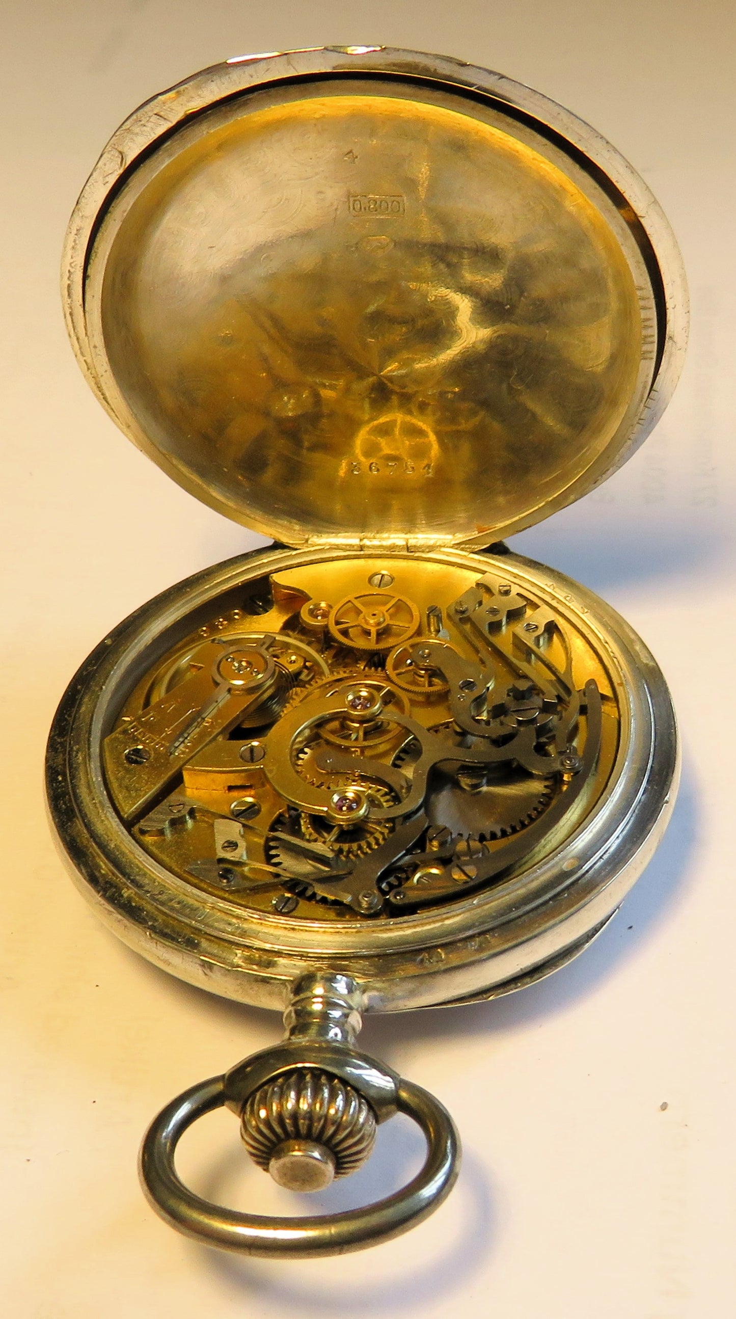 800 silver men's pocket watch, column wheel chronograph, doctor's watch, circa 1940, tachymeter