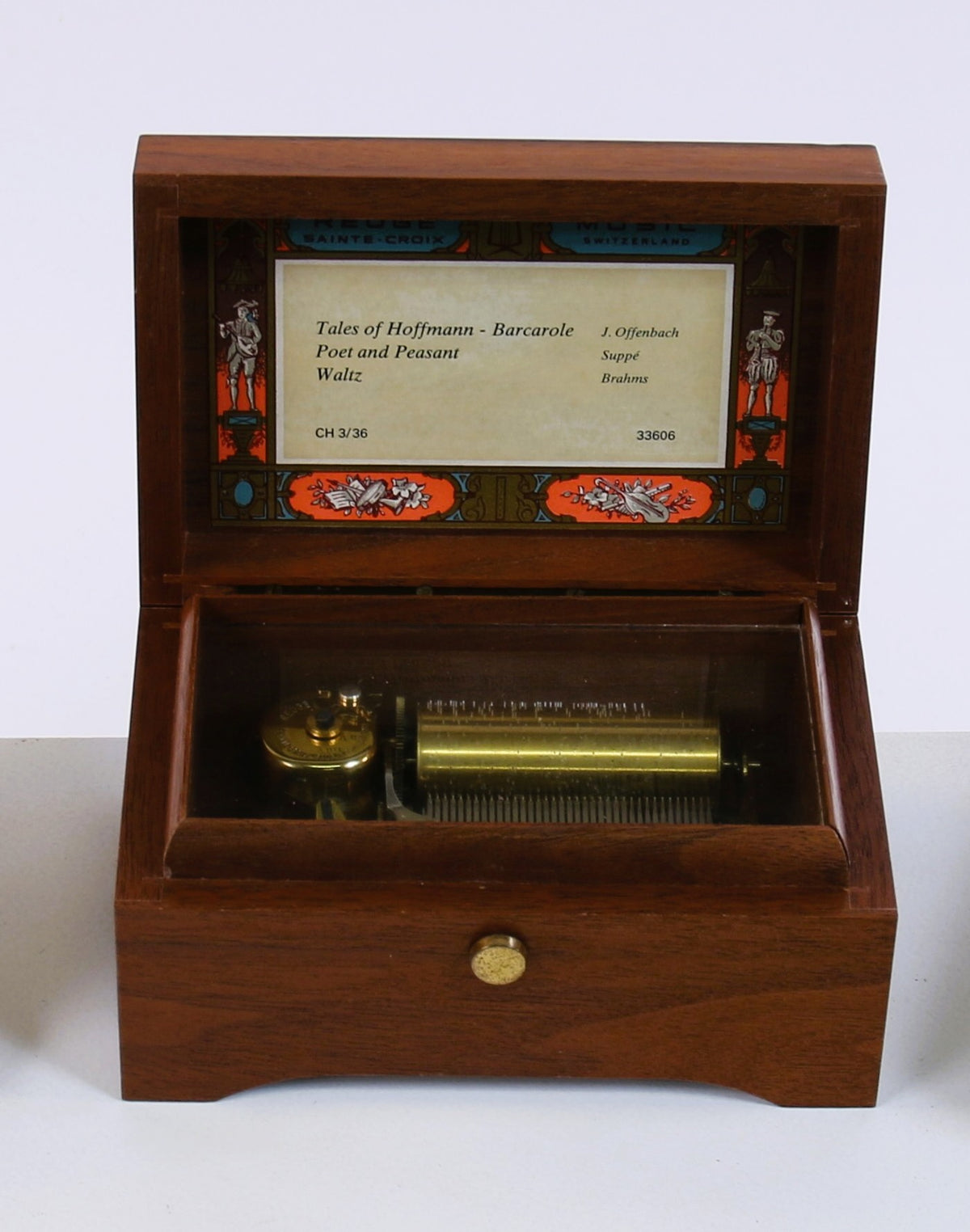 Reuge Sainte-Croix cylinder music box hand-painted 3 melodies Offenbach Suppé Brahms