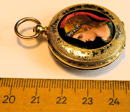 Antike Colondre & Schnee Geneve 18K Gold TU mit Emaile Lupenmalerei Diamant verm. Unikat - Sammler - Uhren