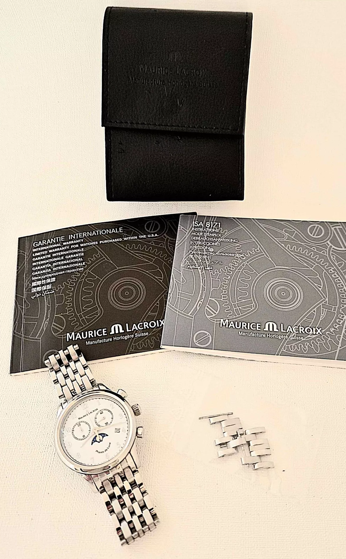 Maurice Lacroix Quartz Chronograph Moon Phase LC 1087 Full Set Original Box Papers