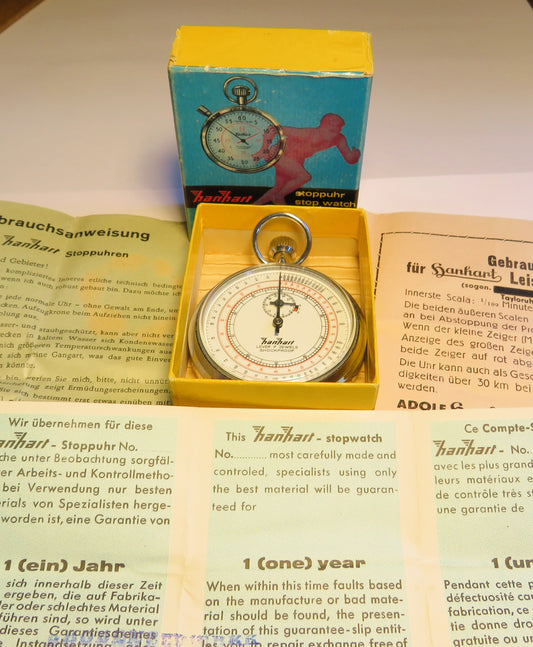 Hanhart Torpedo Laufzeit Artillerie Stoppuhr Bund ca. 1960 Fullset Box Papiere - Sammler - Uhren