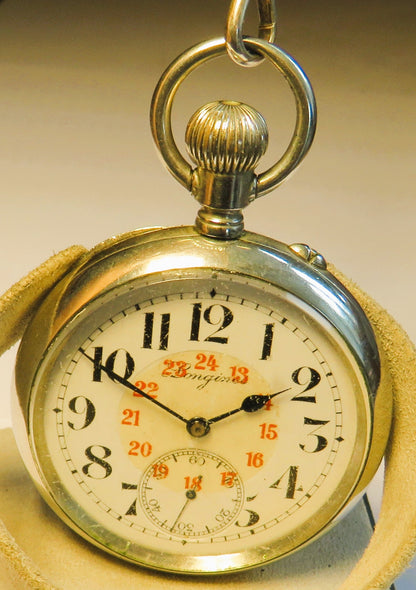Longines Kal. L 20.52 gravierte Eisenbahner Taschen Uhr Kette / Münze ca. 1920 - Sammler - Uhren