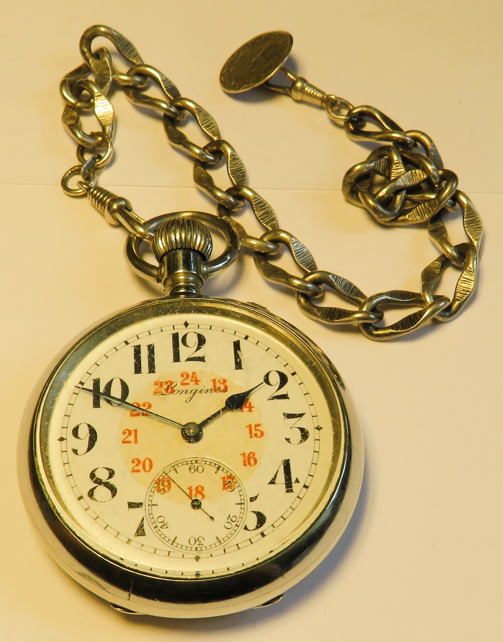 Longines Kal. L 20.52 gravierte Eisenbahner Taschen Uhr Kette / Münze ca. 1920 - Sammler - Uhren