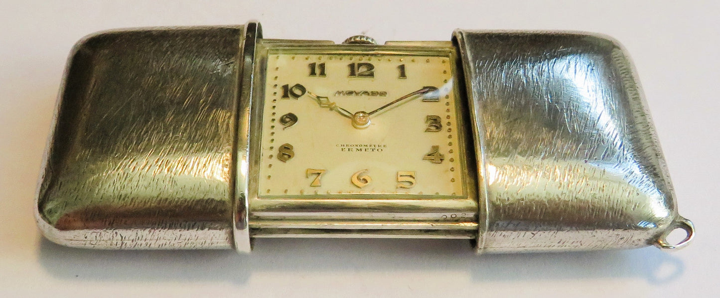 Movado Ermeto 925 Sterling Silber Luxus Schiebe Uhr Reiseuhr ca. 1930 - Sammler - Uhren