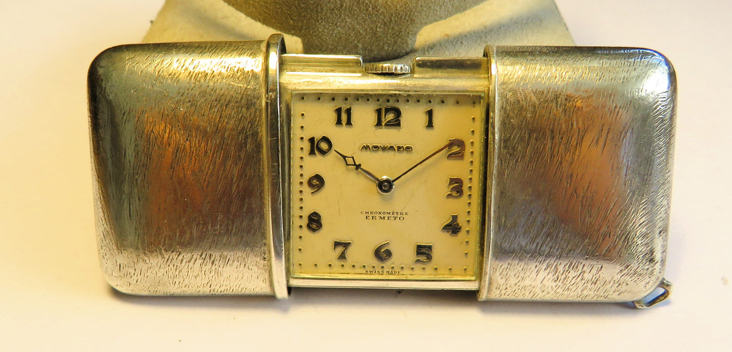 Movado Ermeto 925 Sterling Silber Luxus Schiebe Uhr Reiseuhr ca. 1930 - Sammler - Uhren
